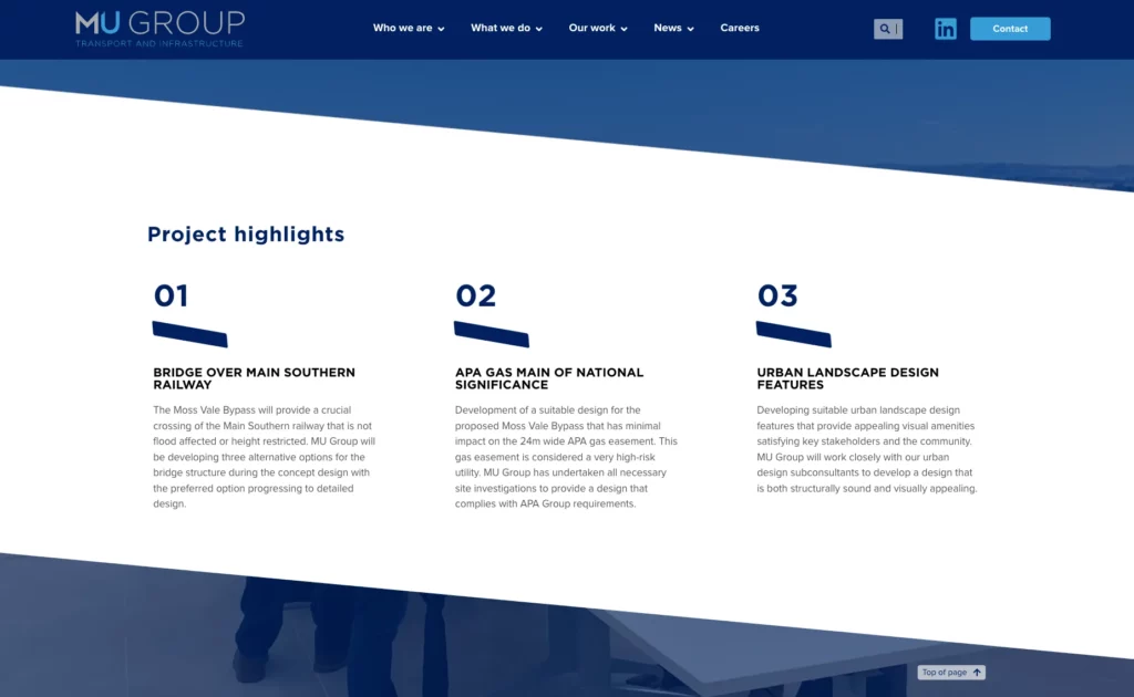 A website section titled "Project highlights" features three numbered project showcases with brief descriptions, all set against a clean white and blue background.